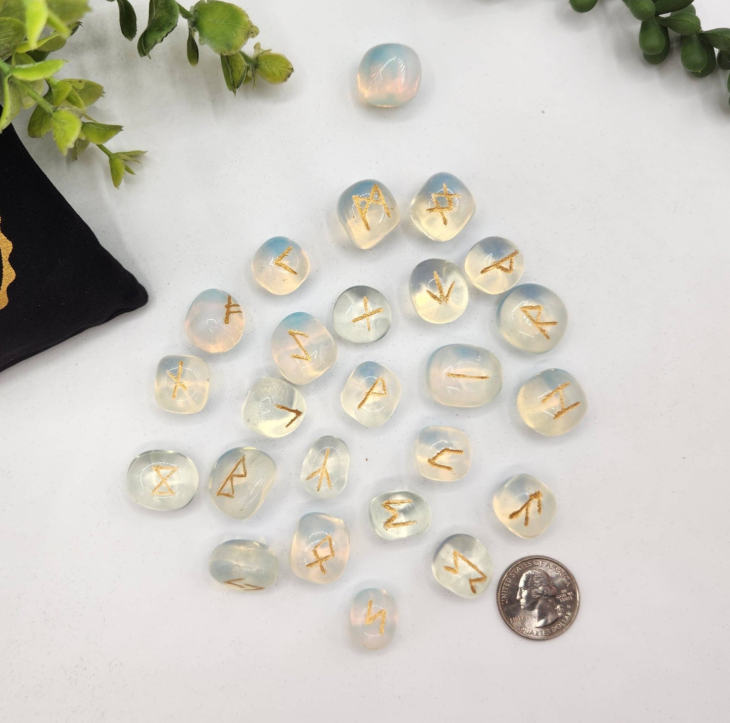 Opalite Semi-Precious Gemstone Rune Sets  & Velvet Pouch